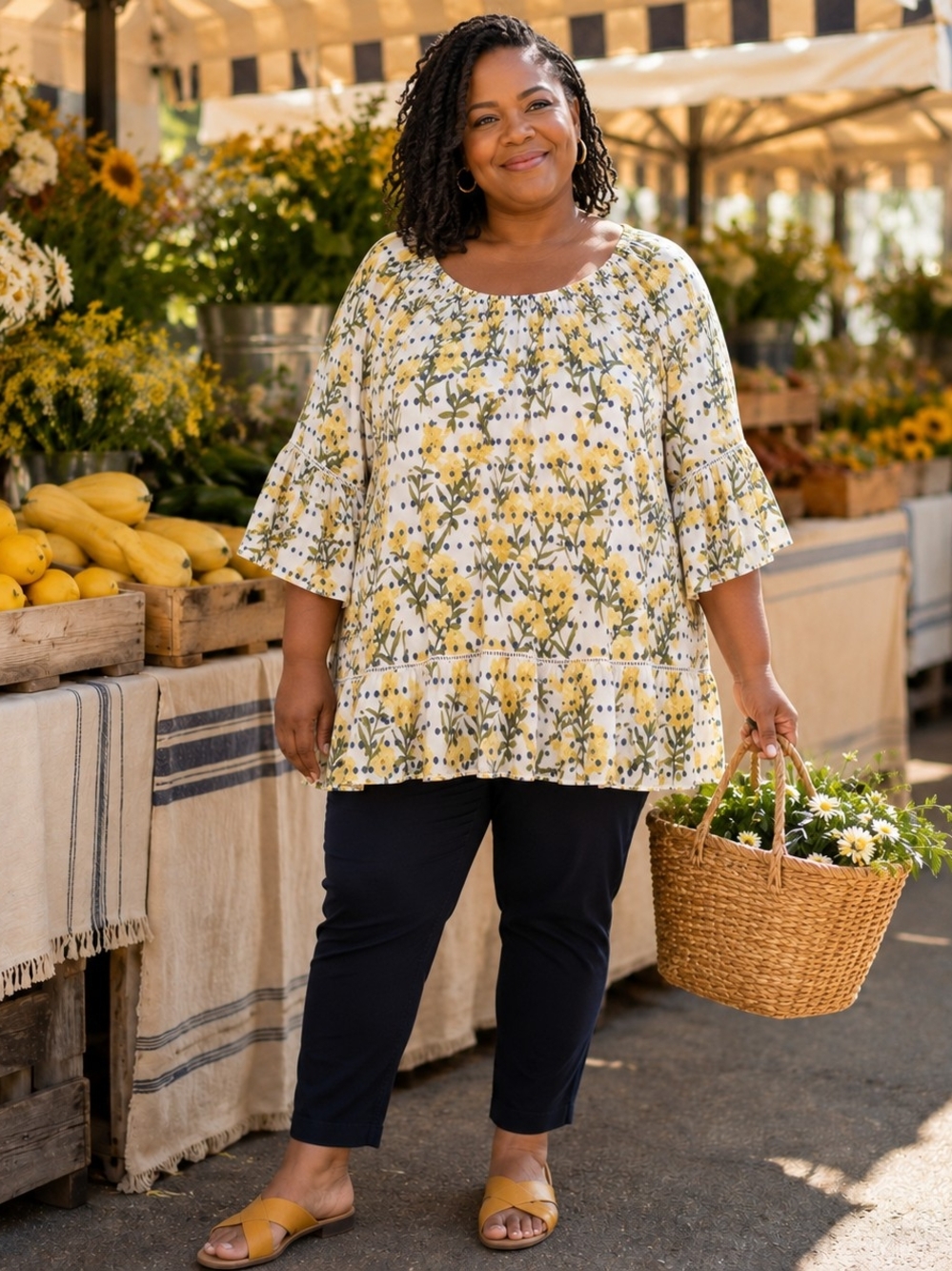 Fever Yellow Floral Polka Dot Bell Sleeve Tunic Top Size 2X
